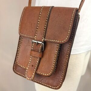 Vintage 70s Handmade‎ Boho Brown Leather Buckle Crossbody Purse Trail Bag Patina